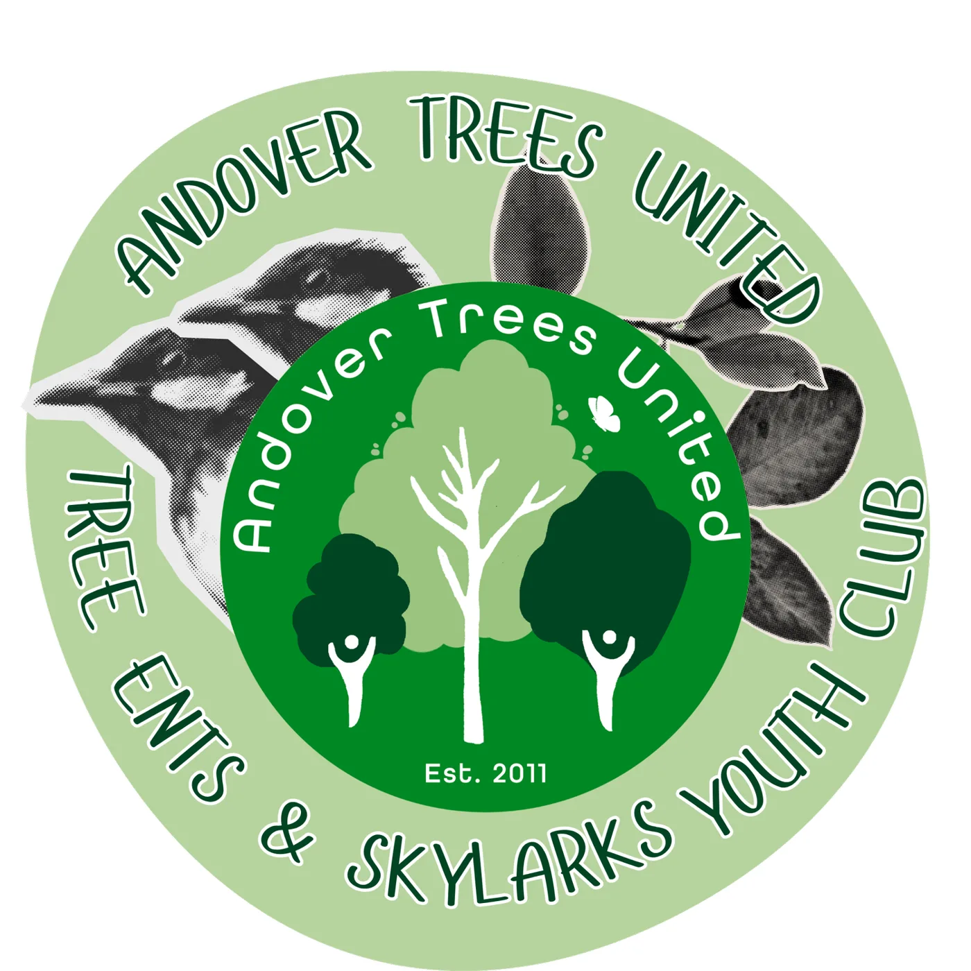 Round green badge reading Andover Trees United, Tree Ents and Skylarks Youth Club, with the charity's tree logo, two bird heads and leaves